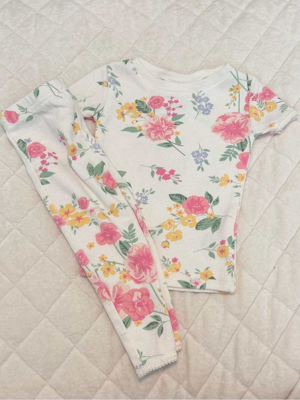 Floral White, Pink & Yellow Kids Pajama Set - Cozy Nightwear